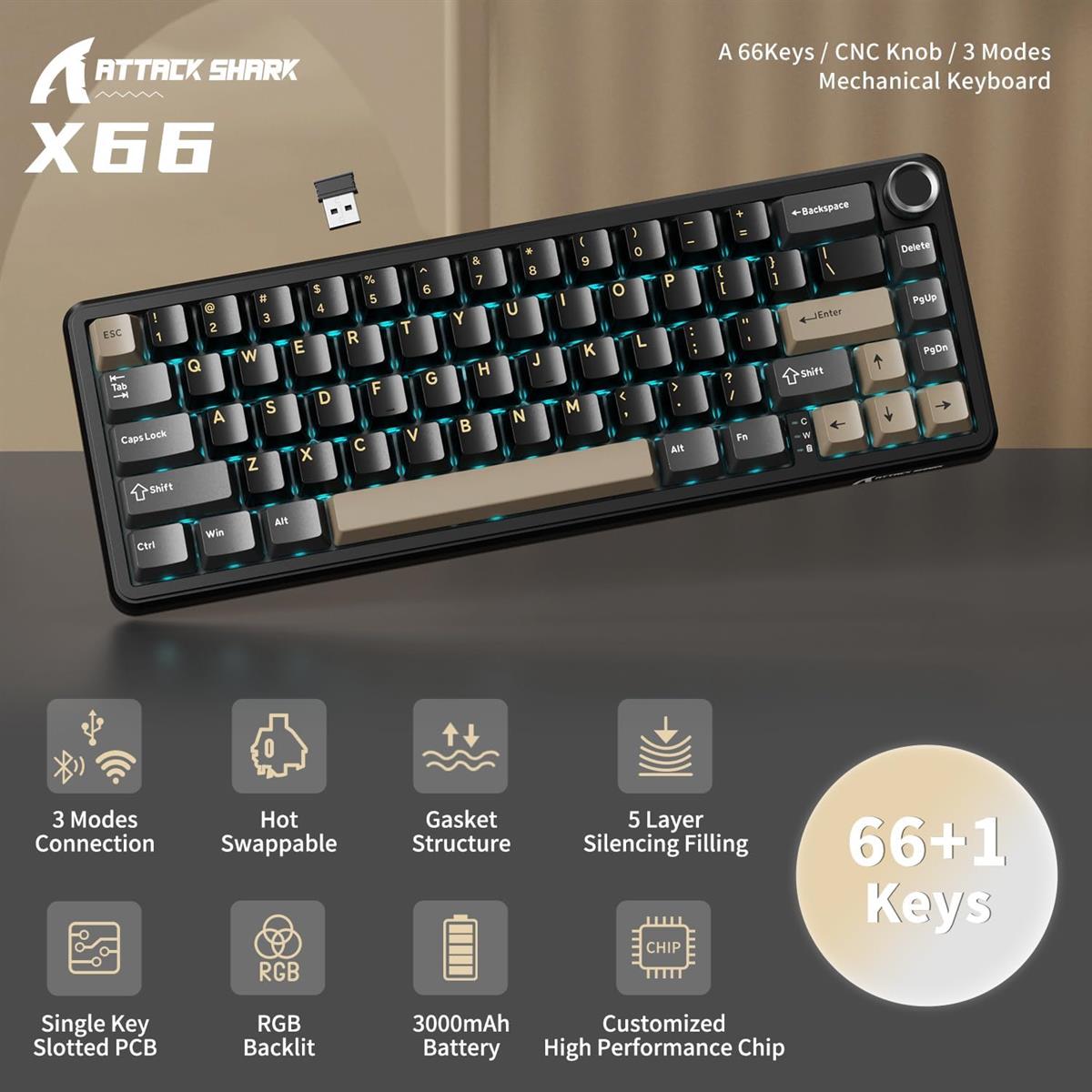 Attack Shark X66 60% Mechanical Keyboard - Star Black - Strawberry Switch - Image 3