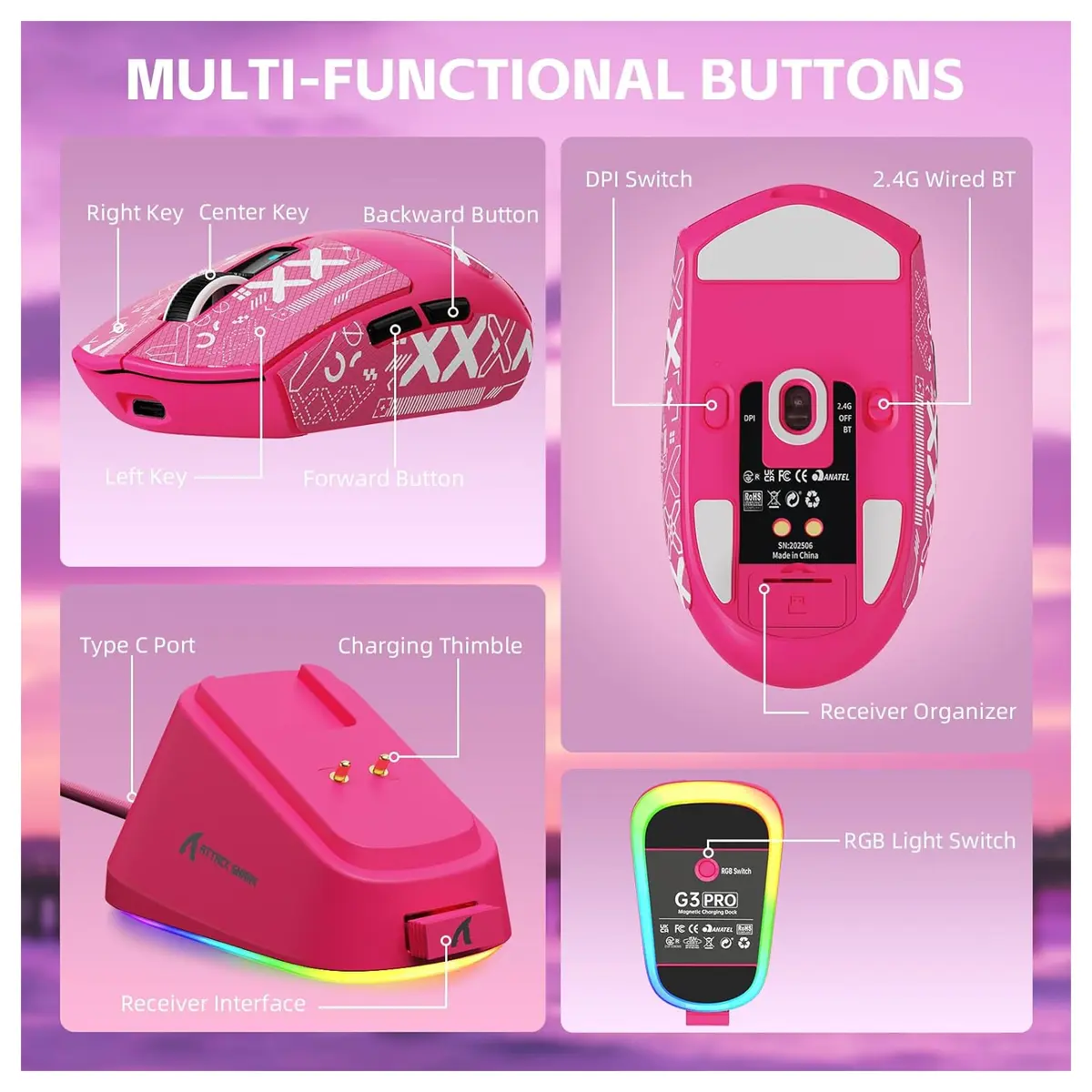 Attack Shark V6 PAW3311 Gaming Mouse with Dock - Berry Red - Image 2