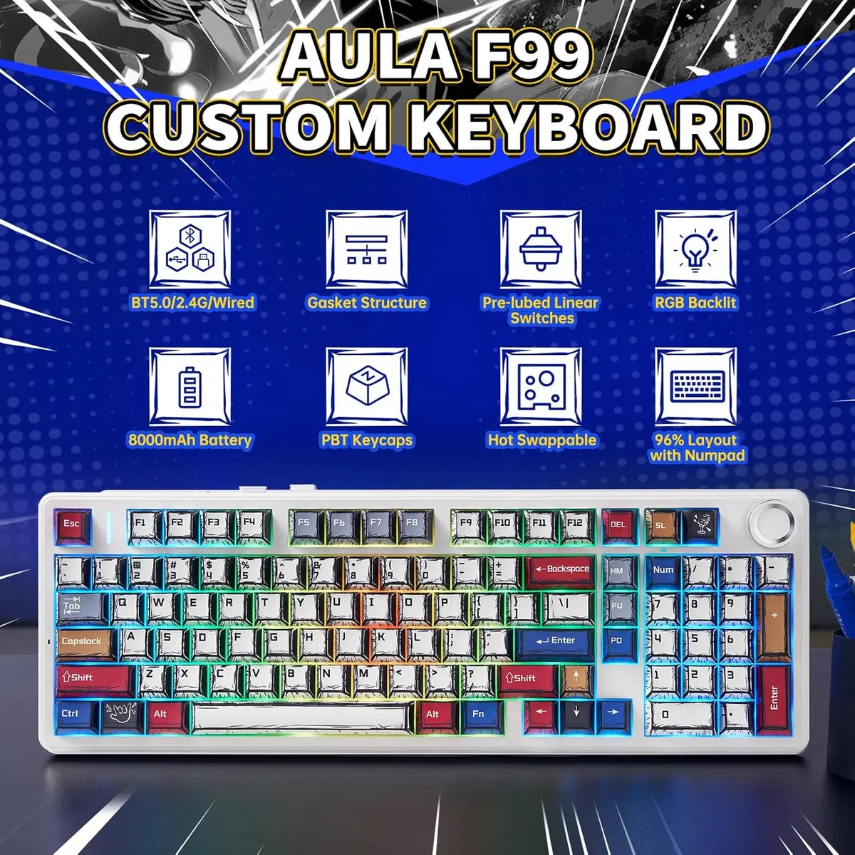 Aula F99 PRO Wireless mechanical Keyboard - comic - Image 3